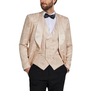 YND Men's 3 Piece Floral Suit Set, Shawl Lapel Paisley Tuxedo, Blazer Vest and Pants, for Party Prom Wedding (Medium, Light Beige)