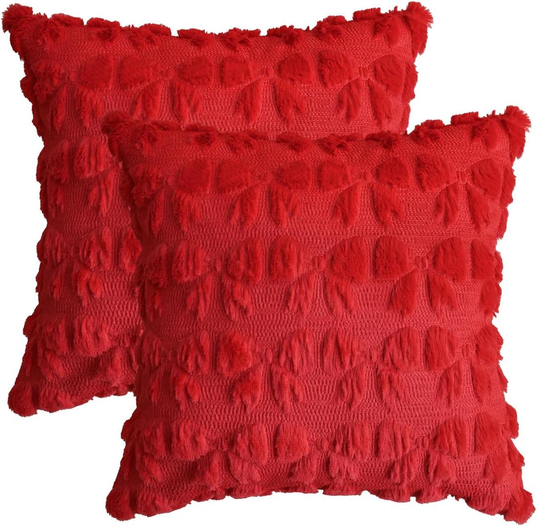 AVOIN colorlife Red Bow Throw Pillow Covers Set of 2, 18 x 18 Inch Coquette Room Decor Aesthetic Decorative Soft Plush Faux Fur Jacquard Cushion Case Gift for Girl Bed Sofa