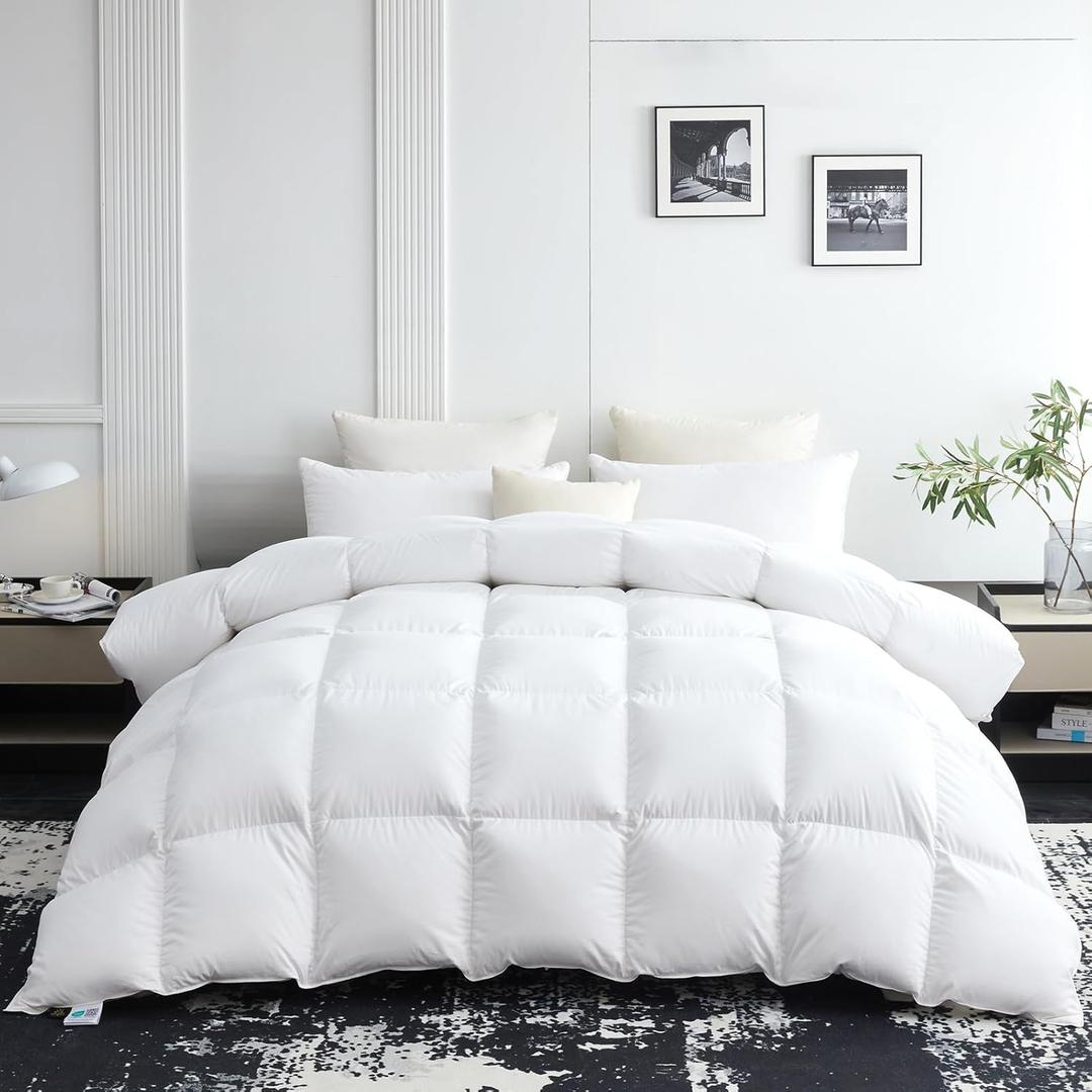 L LOVSOUL Goose Down Fiber Comforter King Size, 850+ Fill Power Hotel Style Bedding Comforter, 1200TC, Fluffy Ultra Soft All Season White Duvet Insert with 8 Corner Tabs (King(106x90inches))