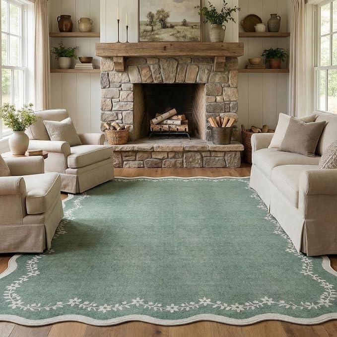 GarveeHome Scalloped Area Rugs 8x10 Large Sage Green Washable Living Room
Soft Floral Non Slip Backing Floor Mat Carpet Indoor Thin Rug for Bedroom Dining Room Playroom Nursery Home Decor