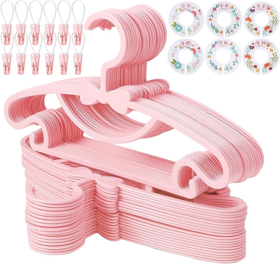 50 Pack Pink Baby Hangers Plastic Baby Clothes Hangers with Clips Non-Slip Ultra-Thin Kids Infant Coat Hanger for Newborn Toddler Clothes