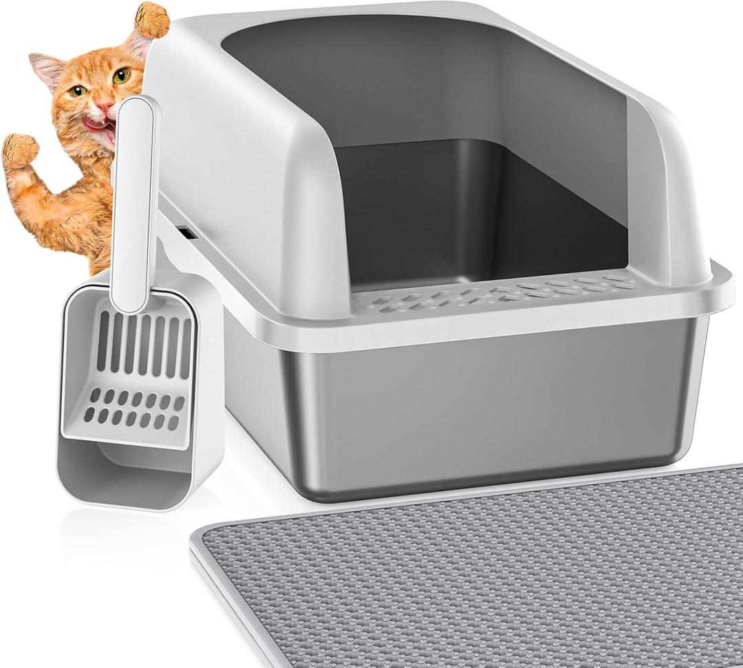 Stainless Steel Litter Box with Lid, Metal Litter Box with Cat Litter Mat,Extra Large Enclosed Cat Litter Boxes for Multiple Cats, Anti-Leakage,Non-Stick, Easy to Clean, Included Mat, Scoop (1 Pack-L)