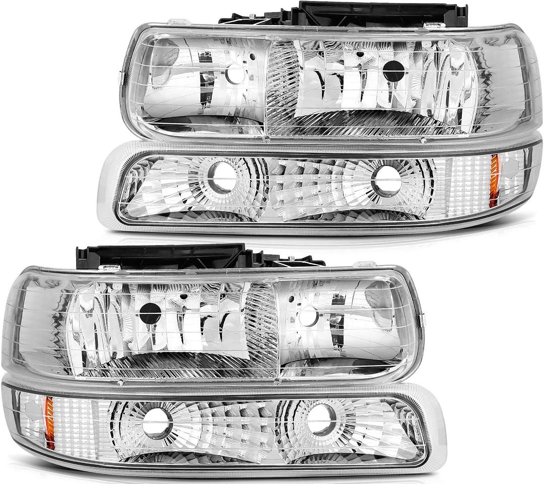 Headlight Assembly For Chevrolet Silverado 1500 1999-2002/For Chevrolet Silverado 2500 1999-2002 Chrome Housing Amber Reflector Clear Lens Driver and Passenger Side Headlamp