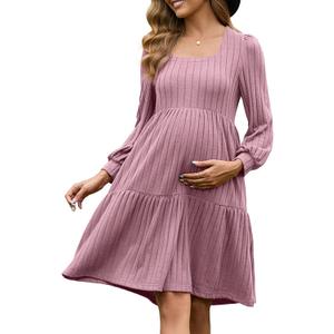 GINKANA Womens Maternity Sweater Dress for Winter Long Sleeve Elegant Babydoll Dresses Flowy Fashion for Photo, Pink, M