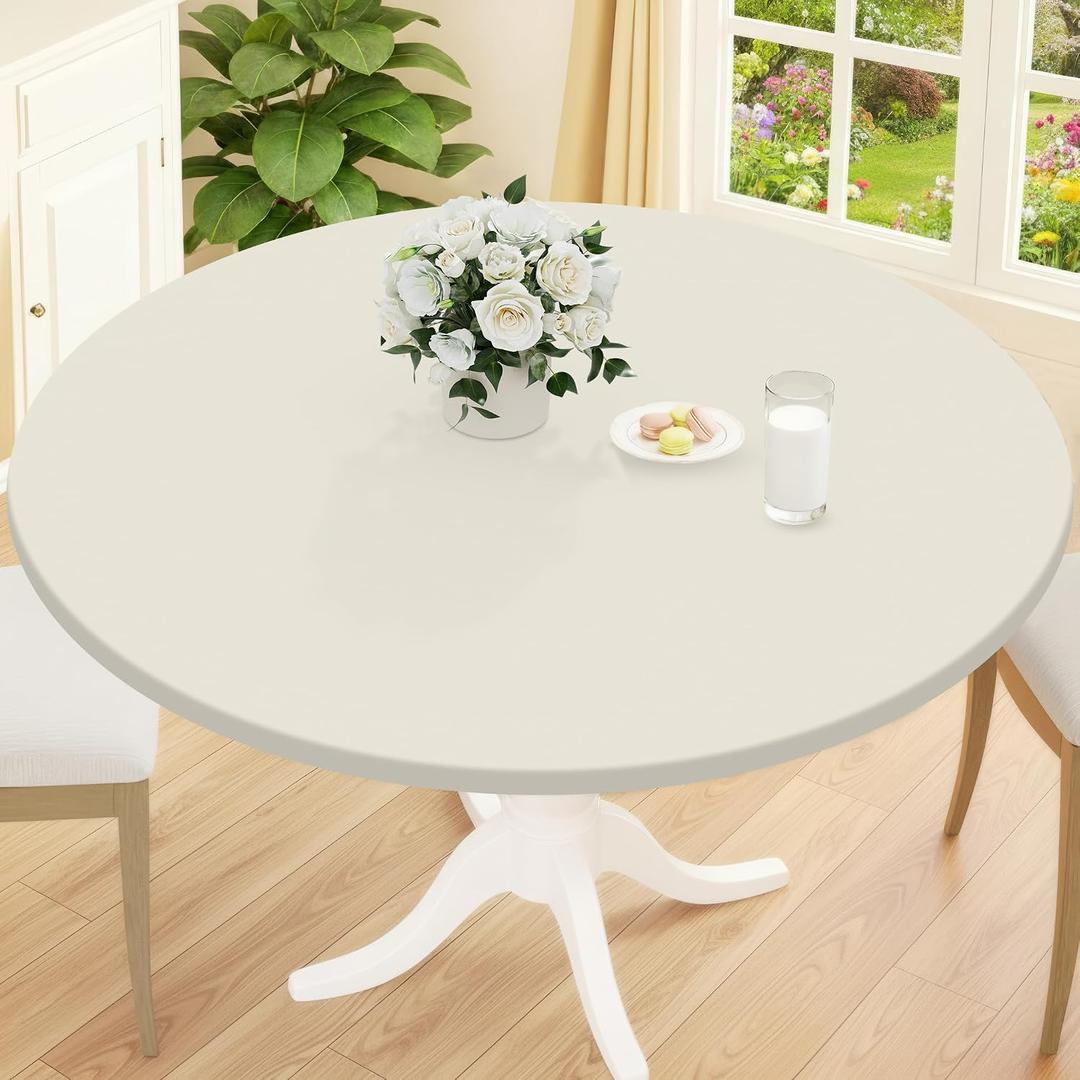 Smiry Round Picnic Tablecloth, Waterproof Elastic Fitted Table Covers for 51" - 62" Tables, Wipeable Flannel Backed Vinyl Tablecloths for Camping, Indoor, Outdoor, Ivory, For Up to 51"-62" Round