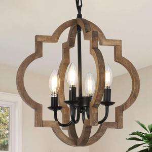 Farmhouse Chandelier Light Fixtures, 4-Light Dining Room Light Fixtures Over Table, Solid Wood Chandeliers for Dining Room, 15.7 Brown Rustic Chandeliers for Living Room Kitchen Island Bedroom Foyer