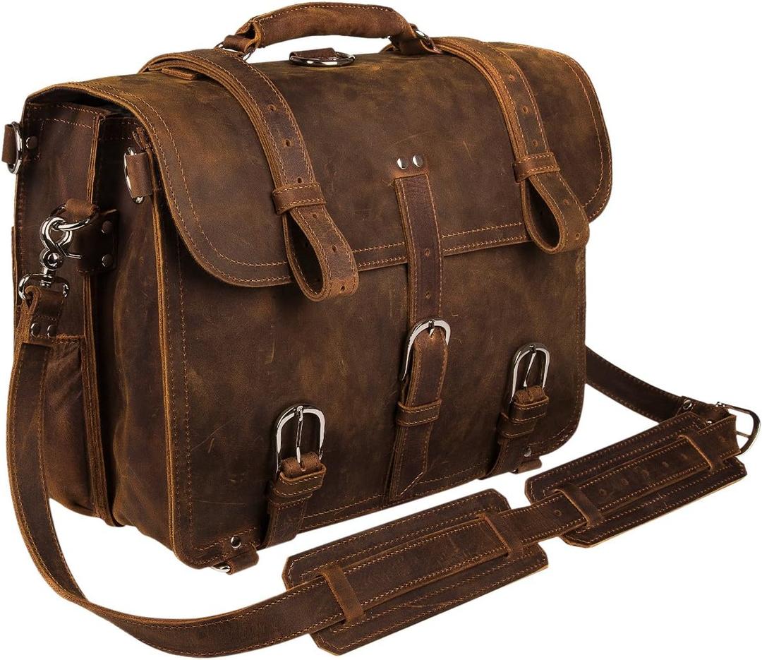Augus Leather Messenger Bag for Men Briefcase Travel Backpack Shoulder Bag Fit 17'' Laptop