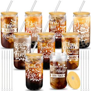 9 Sets Teacher Appreciation Gifts Bulk 16 oz Thank You Teacher Glass Cups Gifts with Lids Straws Brushes(Vintage Style)