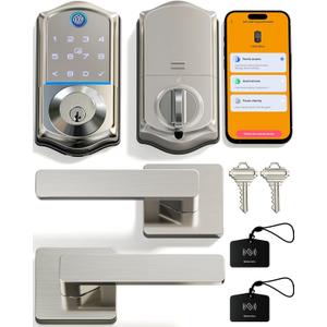 Veise VE017-B Fingerprint Smart Lock for Front Door, App Control, 8-in-1 Keyless Entry Deadbolt with 2 Zinc Alloy Lever Handles Set, Emergency Power Port, Auto Lock, Electronic Keypad, Satin Nickel