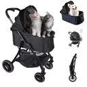 ​JXMIYACOO 4-Wheel Cat Stroller for 2-3 Pets, Lightweight Foldable Travel Carrier with 7" Wheels - Black, 3-in-1 Design for Outdoor Adventures