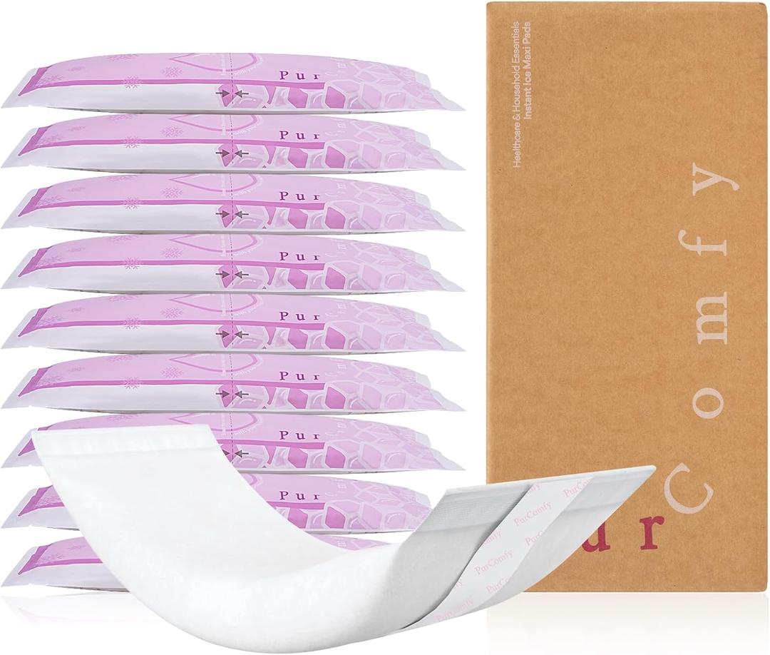 PurComfy 2-in-1 Postpartum Pads, Absorbent Instant Perineal Ice Pads for Women with Mom Pain Relief and Postpartum Recovery Care, 10 Count (Extra Large)