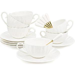 Yesland Set of 6 Royal Tea Cups and Saucers, 6 oz White Porcelain Tea Set & British Coffee Cups, White Latte Cups and Espresso Mug for Specialty Coffee Drinks, Latte, Cafe Mocha, Tea, 18 Piece Set