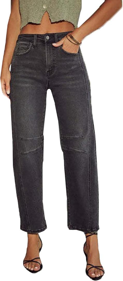 cffvdiz Women's Casual Baggy Mid Rise Barrel Jeans Boyfriend Ankle Denim Pants (Black) XS