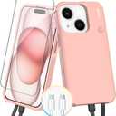 GIN FOXI Fast Charging Battery Case for iPhone 15/15 Pro, 7000mAh 15W Ultra Slim Charger Case Rechargeable Portable Extended Power Bank Case Cover Battery Pack Built-in Cable, Pink (6.1)