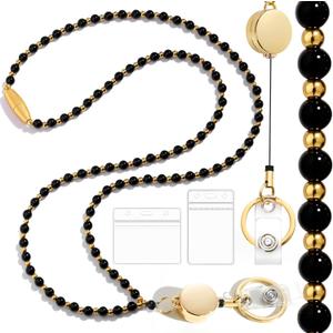 Lanyards with ID Badges Holder for Teachers Keys Card- Black Gold Women Breakaway Retractable Beaded Break Away Neck Lanyard with Holder for Name Tag Cruise Ship Cards Keys