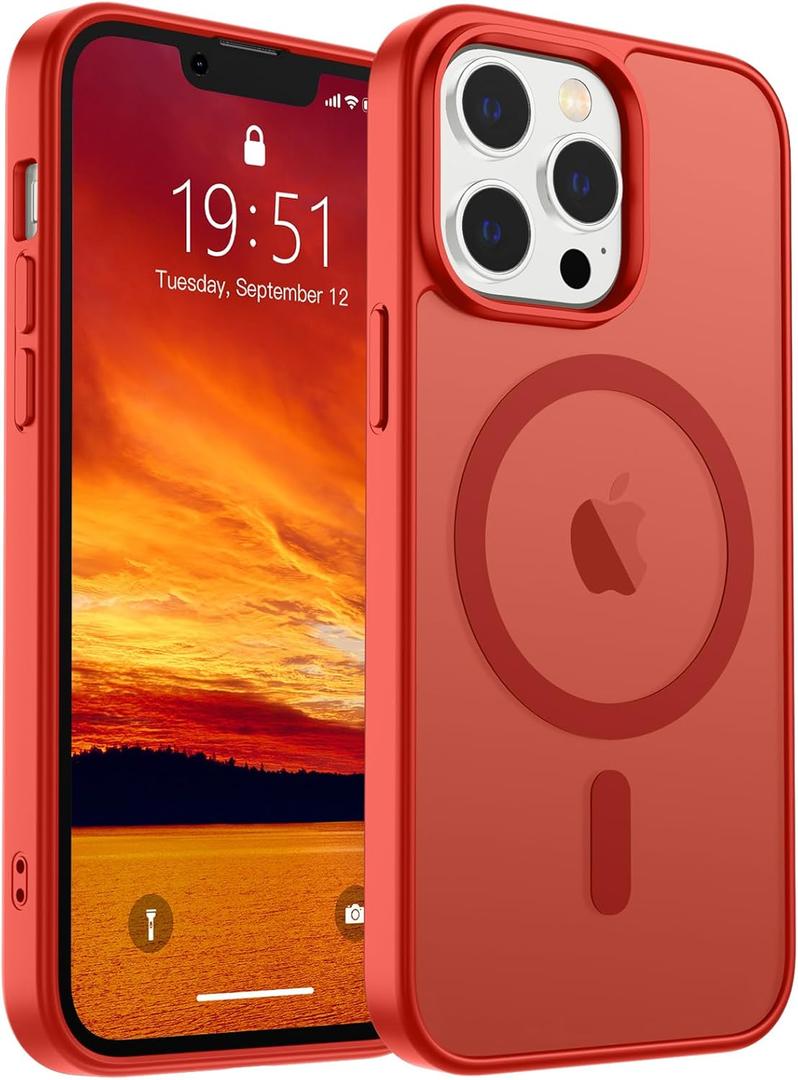 SUPFINE Magnetic for iPhone 13 Pro Max Case (Compatible with MagSafe) (Military Grade Drop Protection) Slim Translucent Matte Shockproof with Anti-Fingerprint Phone Case,Red