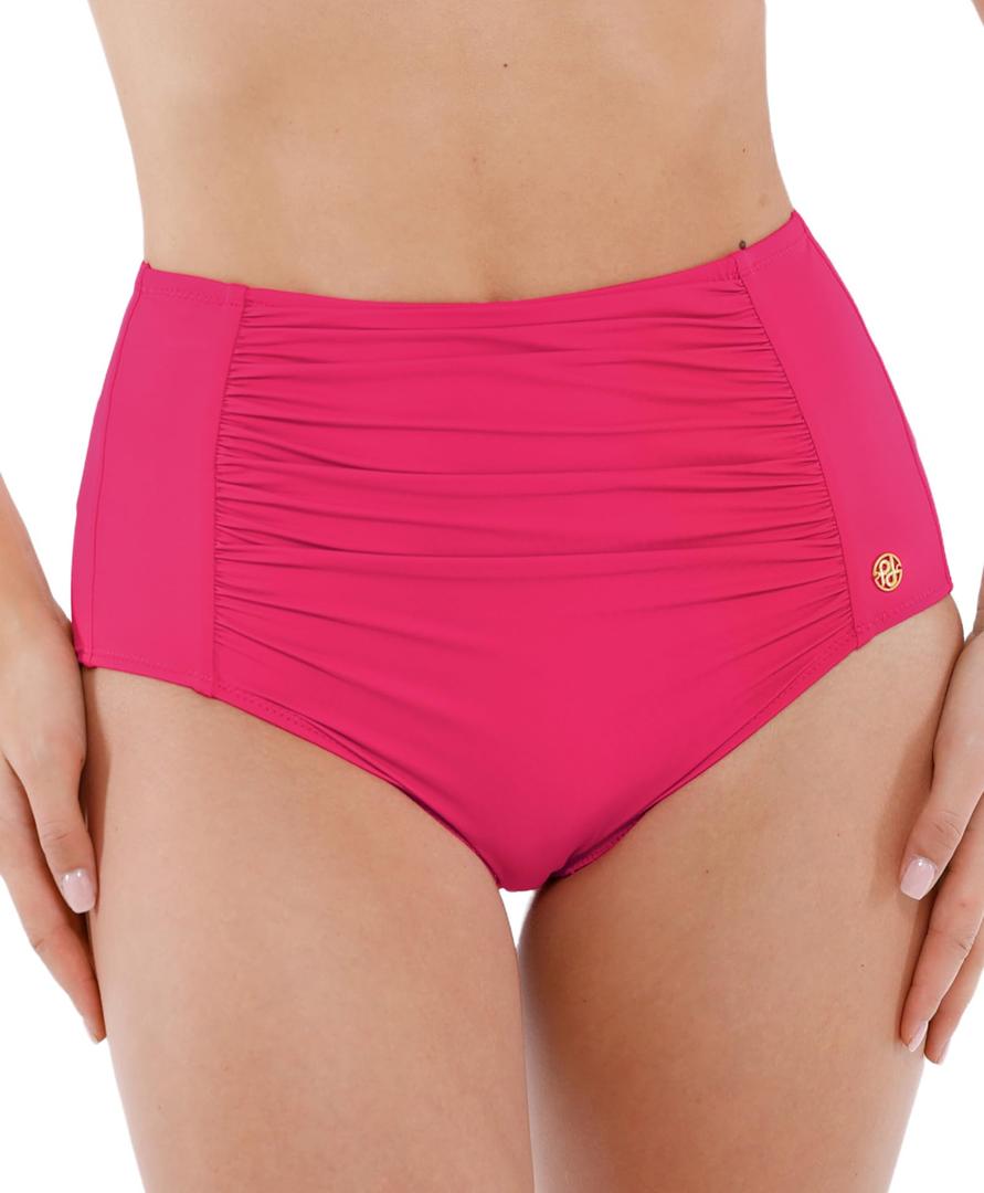 Popilush High Waisted Bikini Bottom for Women Tummy Control Swimsuits Ruched Bathing Suit Swim Bottom Women's Swimwear Pink, L