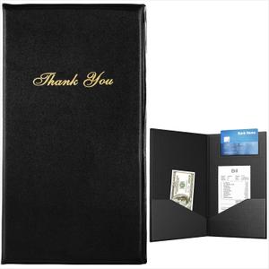Restaurant Check Presenters - Guest Check Card Holder with Gold Thank You Imprint - 5.5" x 10" (Black, 2 Pack)