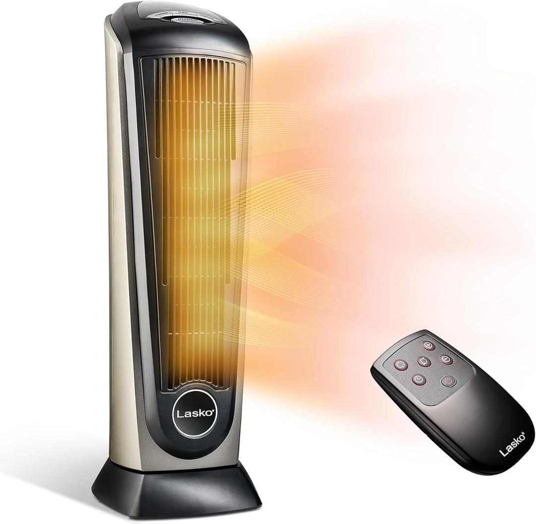 Lasko Oscillating Ceramic Tower Space Heater for Home with Adjustable Thermostat, Timer and Remote Control, 22.5 Inches, Grey/Black, 1500W, 751320 (Grey/Black)