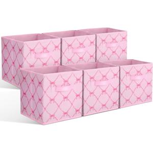 Geelin 6 Pcs Pink Bow Cube Storage Bins 11 Inch Storage Basket with Handle, Preppy Girls Organizer Basket, Collapsible Fabric Box for Classroom Bedrooms Office Home Decoration Gift