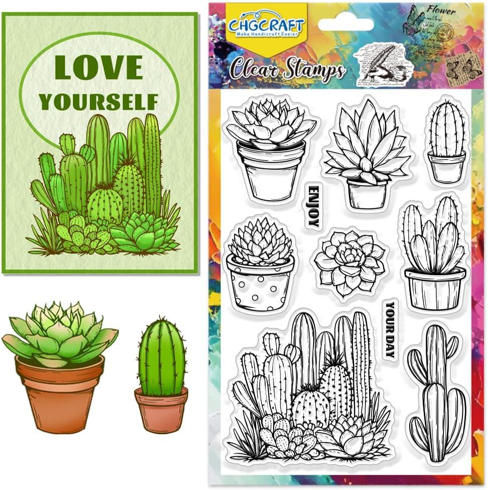 CHGCRAFT Succulent Cactus Clear Stamps Potted Plant Stamps Silicone Stamps Transparent Paper Craft Stamps for Journaling Card Making DIY Scrapbooking Handmade Photo Album Notebook