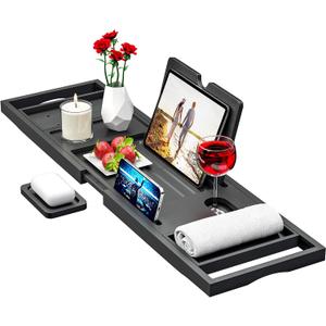 Premium Bathtub Tray Caddy - Expandable Bath Caddy Tray - Adjustable Bamboo Bath Caddy Tub Table - Unique House Warming Gifts New Home - Black