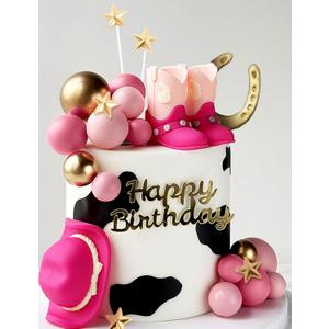 JeVenis Cowgirl Cake Topper Cowboy Western Decorations Cowgirl Hat Birthday Cake Topper Cowgirl Boots Cow Balls Cake Decor (Pink)