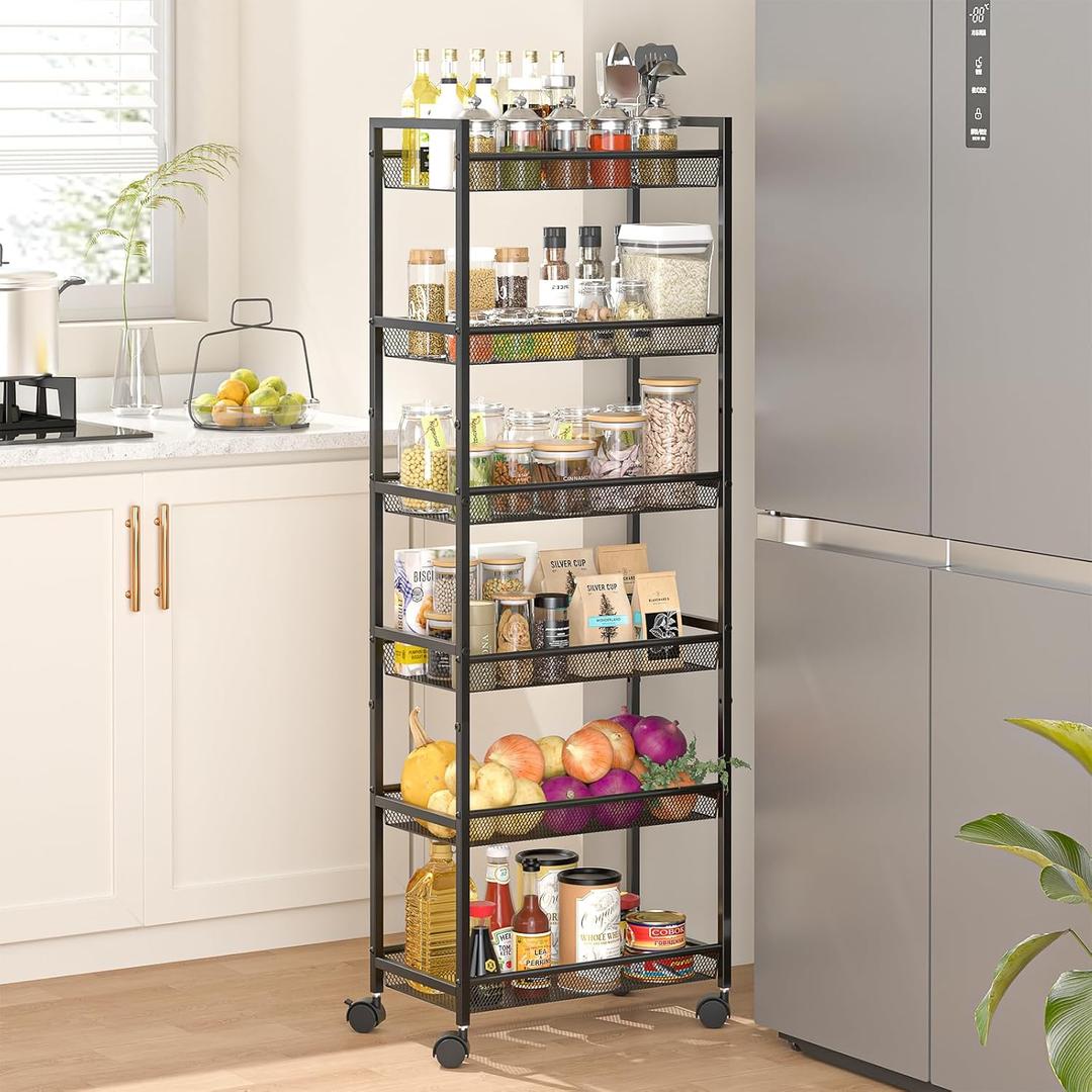 6 Tier Slim Rolling Storage Cart, Narrow Mobile Shelving Unit Organizer Utility Cart with Wheels, Metal Wire Storage Rack with Baskets for Kitchen, Bathroom, Laundry & Living Room, 10in(W) Black
