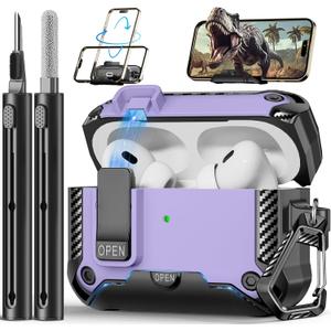 Compatible with AirPods Pro 2nd/1st Generation Case with Phone Stand,Full Drop Protection Automatic Snap Switch Design with Cleaner Kit for iPod Pro Charging (USB-C/Lightning Cable) (purple)
