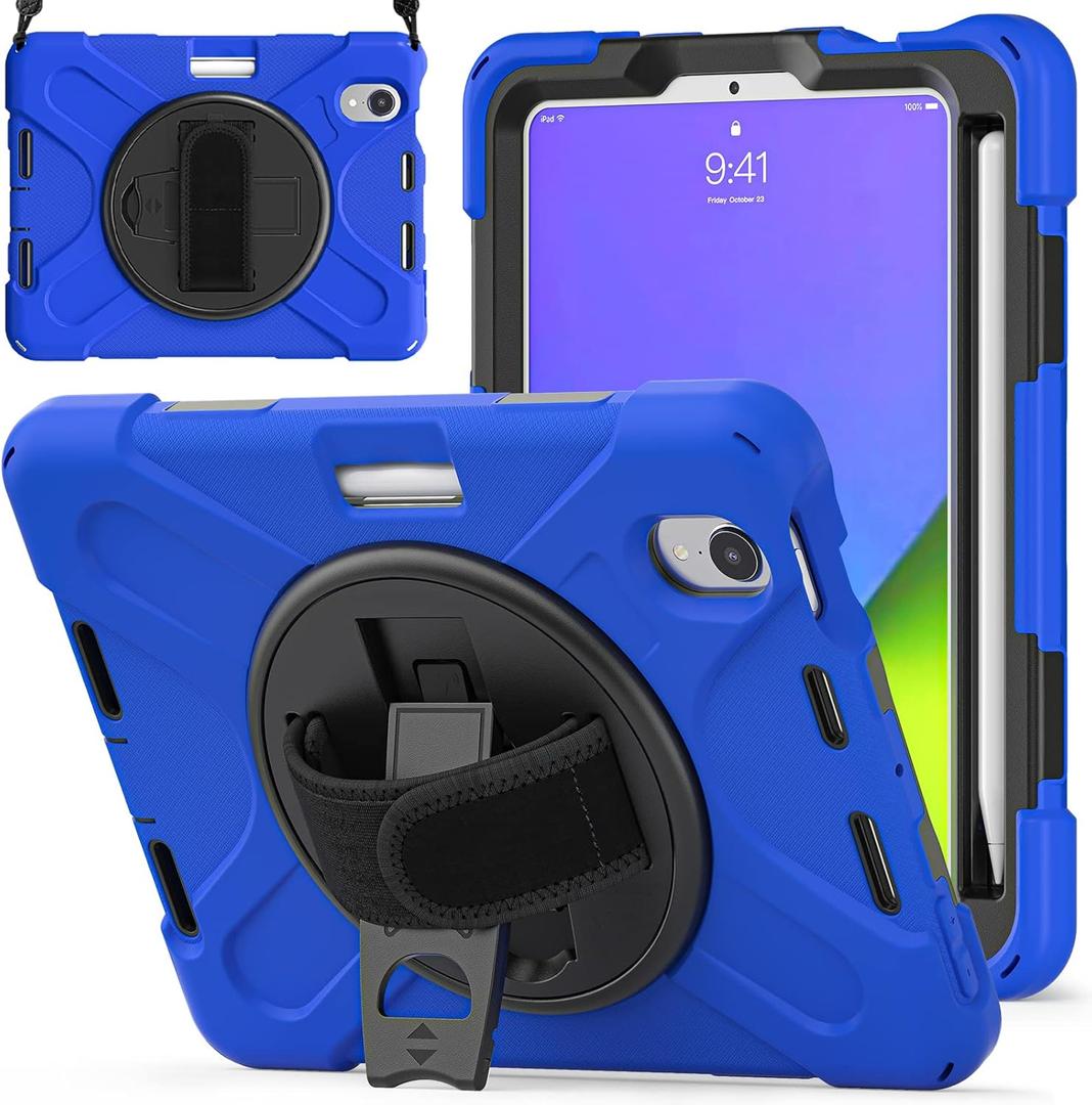 ZenRich Shockproof Case for iPad mini 7 (A17 Pro) 2024/ iPad mini 6th 2022, Heavy Duty Rugged Case with Pencil Holder/360Rotating Kickstand/Handle/Carrying Shoulder Belt,Blue