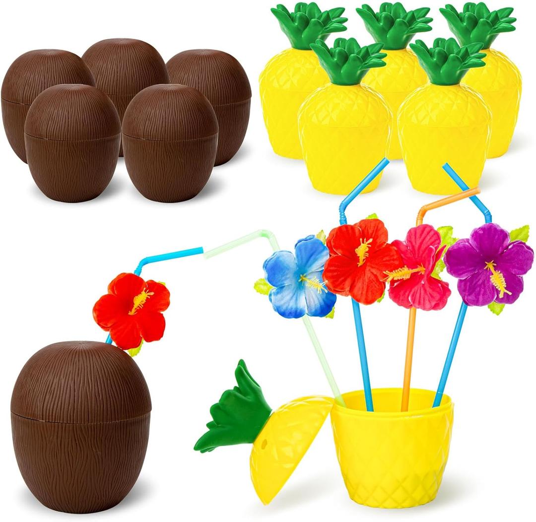 FUTUREPLUSX 12 Pineapple Coconut Cups with 12 Drink Straws, Tropical Hawaiian Luau Decorations and Beach Pool Theme Party Favors for Kids Adults