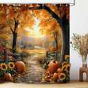 Fall Shower Curtains for Bathroom, Pathway in The Woods Autumn Tree Pumpkin Harvest Thanksgiving Shower Curtain, Cloth Fabric Bath Decor Set with Hooks, 71 x 71 Inch (Gold)