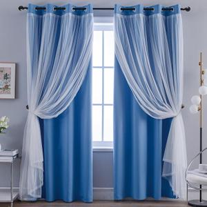 Anytime Home Curtains Blackout and Sheer Layered Solid Window Curtain Panel Pair with Grommet Top, 52Wx84L, Blue