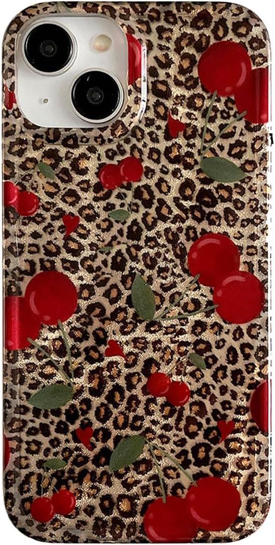 Cute Cherry Phone Case for iPhone 14/13, Red Cherries | Trendy Cheetah Print,Glitter Bling Aesthetic Leopard,Soft Slim Protective Cover for iPhone 13/14 6.1'' Girl Women