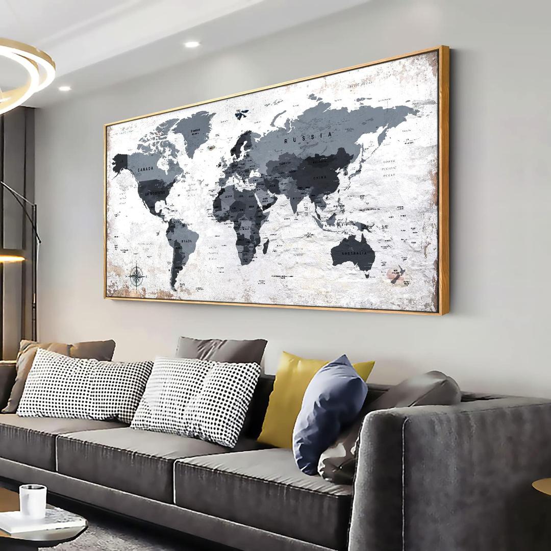 Framed wall art World Map Wall Art Canvas Picture 30inchx60inch Large Black and white Map of The World Canvas Painting Artwork Prints for Office Wall Decor Home Living Room Decorations Framed Ready to Hang, 58"L x 29"W