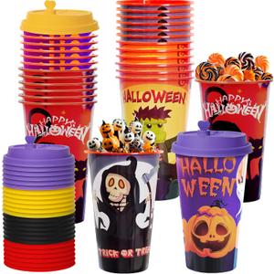 AFZMON 24 Halloween Party Favors Goodie Cups, 16OZ Plastic Halloween Cups With Lids and Plugs for Party Decorations Supplies