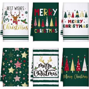 Geyoga 6 Pcs Christmas Kitchen Towels 16 x 24 Inch Vintage Xmas Hand Towels Santa Elk Snowman Decor Candy Dish Towel Absorbent Winter Tea Bedroom Decoration Gifts(Green,Joyous) (Light Color)