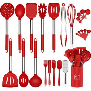 Silicone Cooking Utensil Set,Kitchen Utensils 26 Pcs Set,Non-stick Heat Resistant Silicone,Cookware with Stainless Steel Handle - Red