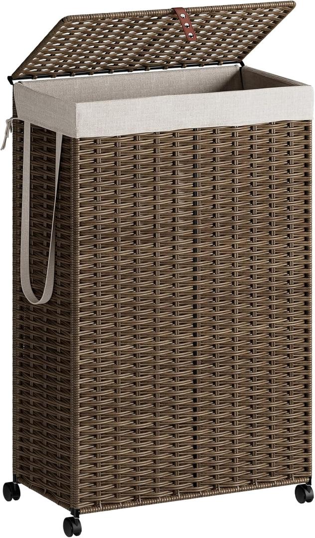 Rolling Laundry Hamper with Wheels and Lid, 90L Slim Laundry Basket with Removable Bag, Foldable Handwoven Rattan Laundry Sorter, Narrow Dirty Clothes Basket Organizer, No Assembly, Vintage