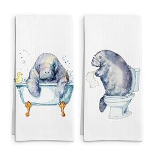 FSTCSV Funny Manatee Gifts Hand Towels Set of 2, Manatee Gifts for Kids Women Hand Towel, Cute Coastal Sea Animal Decorative Towels for Bathroom, Nautical Ocean Animal Kids Bathroom Decor, 16x24in