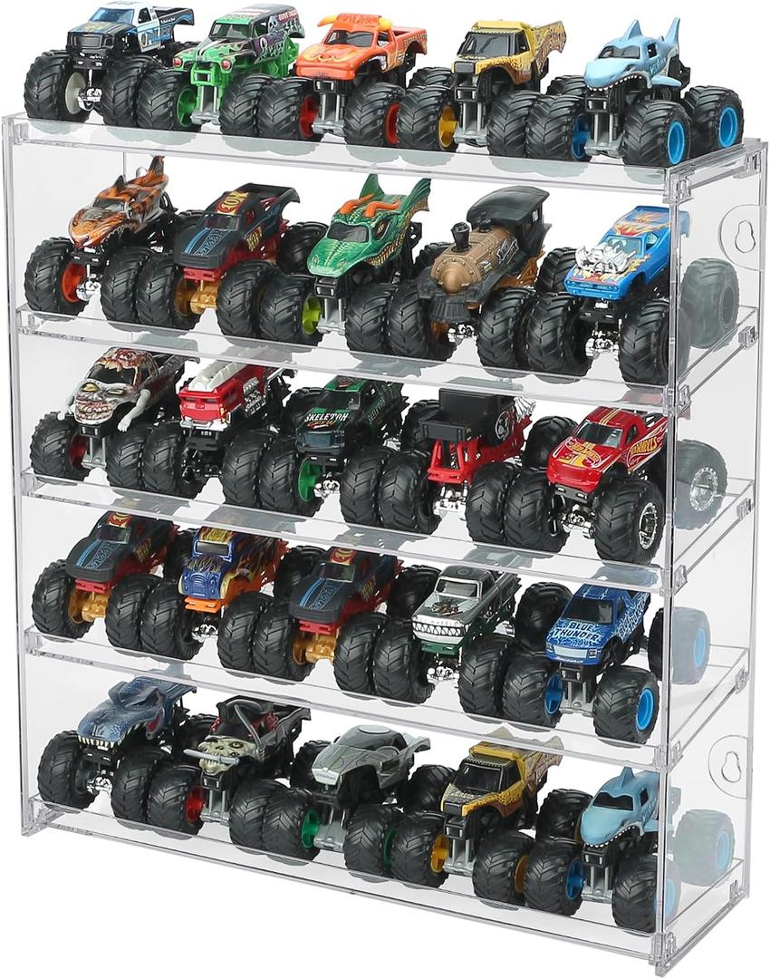 25 Monster Trucks Display Case for 1:64 Scale Monster Trucks, 5-Tier Clear Monster Truck Storage Organizer, Wall Mount Display Shelf Holds 25 Trucks, Toy Car Display Case for Collectors & Kids