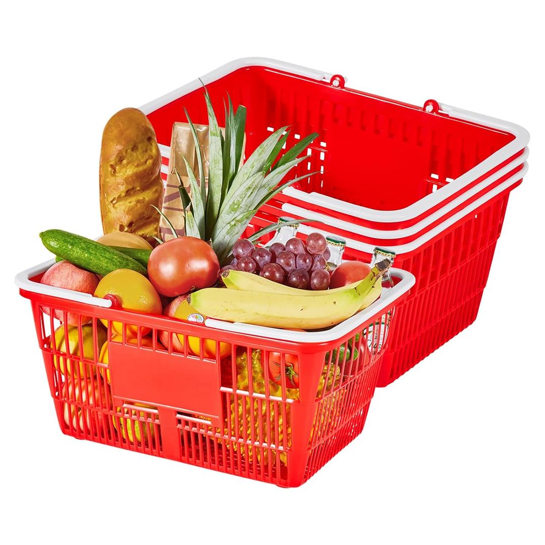 VEVOR Shopping Baskets, 4 PCS, 21L Stackable PE Plastic Grocery Baskets with Handles, Dense Mesh Structure, Holds up to 20 lbs, Portable for Grocery, Retail, Stores, Supermarket, Home Use, Red