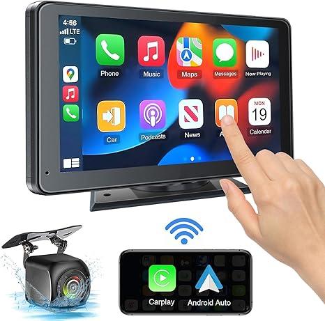 Portable Newest Wireless Apple CarPlay and Android Auto Screen for Car, 7" HD Touch Screen Car Stereo with Mirror Link, Bluetooth 5.2, Backup Camera, AUX,FM Transmitter for All Vehicle