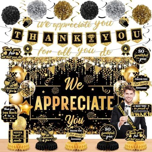 We Appreciate You Party Decorations Black Gold Thank You for All You Do Banner Honeycomb Centerpieces Hanging Swirls for Office Employee Staff Appreciation Gift Pastor Teacher Party Veterans Day Decor