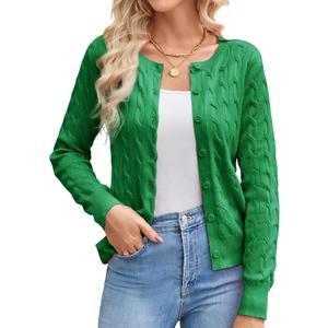 GRACE KARIN Womens Long Sleeve Button Up Cable Knit Cardigan Lightweight 2026 Crewneck Button Down Sweaters for Women (Small, Green)