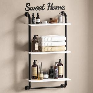 Tinpin Wall Shelves 3-Tier, Bathroom Shelves Over Toilet, Rustic Industrial Pipe Shelf, Farmhouse Bathroom Decor, Floating Shelf Wall Decor for Bedroom, Living Room 17.3 inch, White