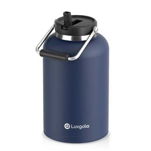 Luxgola 128 oz Insulated Water Jug with Straw Lid and Handle, One Gallon Stainless Steel Double Vacuum Water Bottle for Hot & Cold Drinks - Sweat Proof, Great for Travel, Hiking, Camping - Dark Blue