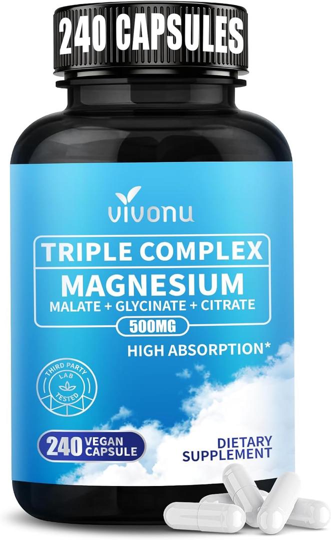 Triple Magnesium Complex for Women and Men, Magnesium Glycinate 400mg, Malate, Citrate, High Absorption Chelated Magnesium Supplement Support Sleep, Muscle, Non-GMO, Gluten Free - 240 Capsules