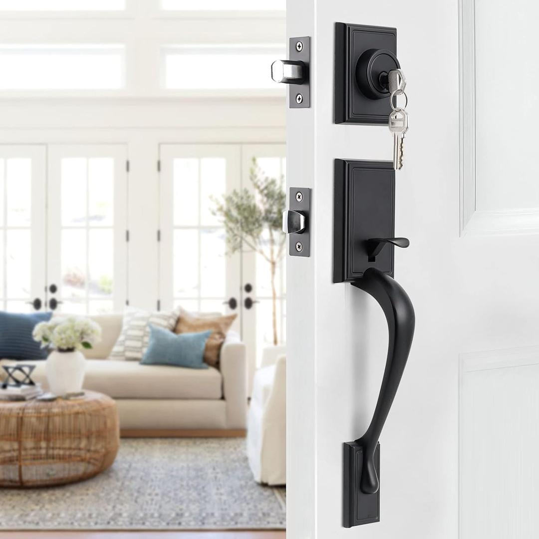 Front Door Lock Set - Satin Nickel Exterior Handle With Single Cylinder Deadbolt - Entry Set for Office (L36158-S-S115)