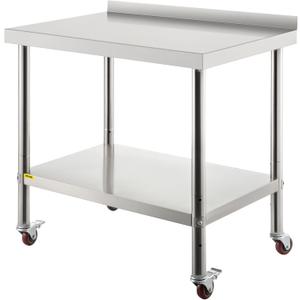 VEVOR Stainless Steel Prep Table, 36 x 24 x 35 Inch, 440lbs Load Capacity Heavy Duty Metal Worktable with Backsplash Adjustable Undershelf & 4 Casters, Commercial Workstation for Kitchen Restaurant